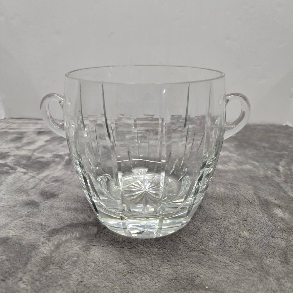 Vintage Cut Crystal Ice Bucket with Handles Clear Glass Barware Starburst Base